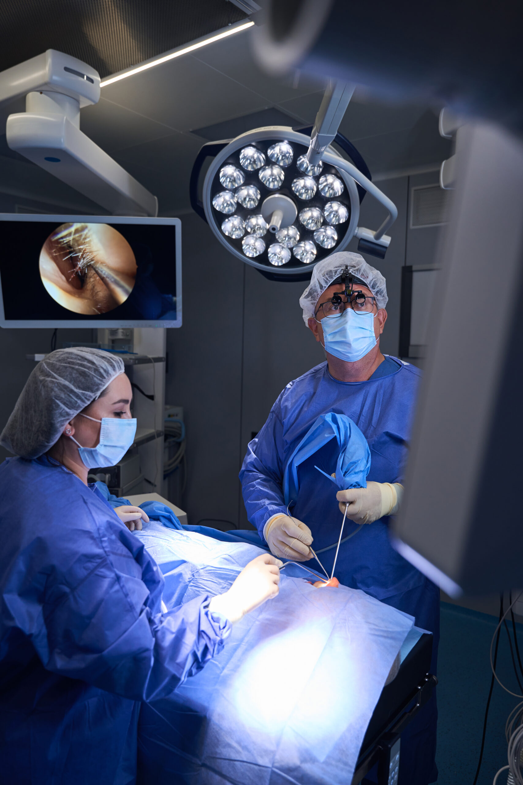 Surgical team performing a laparoscopic procedure in an operating theatre
